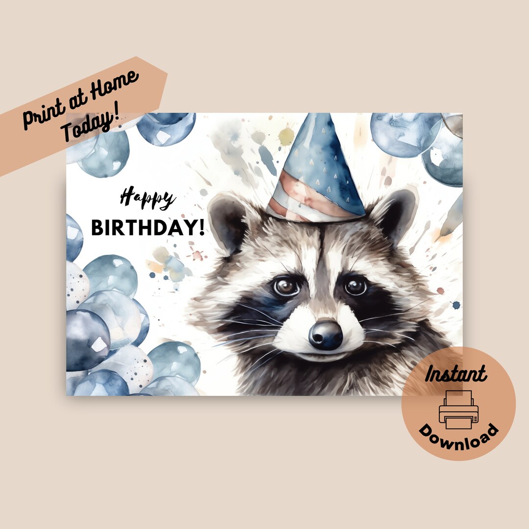 Printable Raccoon Birthday Card Instant Digital Download - Etsy