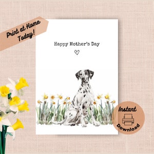 Tarjeta imprimible para el Día de la Madre con dálmatas, descarga instantánea, impresión en casa. Regalo de narcisos amarillos para mamá, flores de primavera en acuarela.