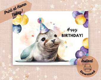 Printable Seal Birthday Card, Instant Download, Print at Home Card, Grey Seal Gift, Sea Life Aquarium Birthday, Watercolor Illustration