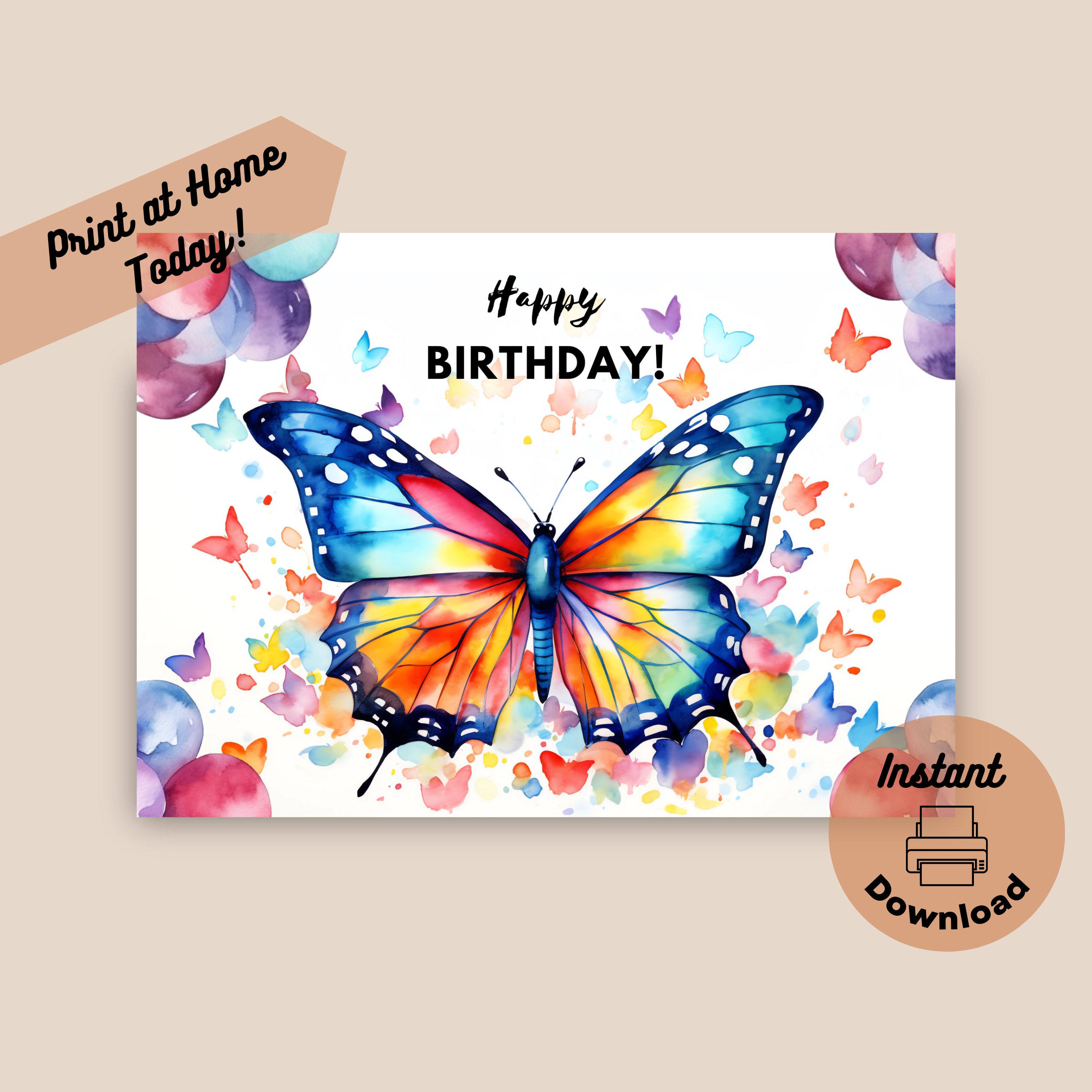 Buy Printable Butterfly Birthday Card, Instant Digital Download.