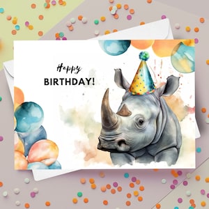 Karta urodzinowa Rhino z czapką imprezową, wszystkiego najlepszego z okazji urodzin, prezent Rhinoceros, słodkie urodziny zwierząt, karta z pozdrowieniami z zoo, ilustracja akwarelowa