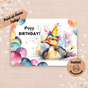 Cartão de aniversário de pato para imprimir, download instantâneo, cartão para imprimir em casa, presente fofo de animal de fazenda, saudação de patinho, ilustração em aquarela