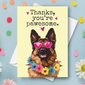 Grappige bedankkaart Duitse herder, hond bedankt humoristische woordspeling, aangepaste naam gepersonaliseerd cadeau, gelukkige hond met zonnebril aanwezig