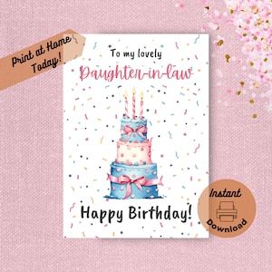 Biglietto di auguri di compleanno stampabile per la nuora, biglietto digitale scaricabile istantaneamente e stampabile a casa, auguri di buon compleanno dalla suocera, torta acquerello