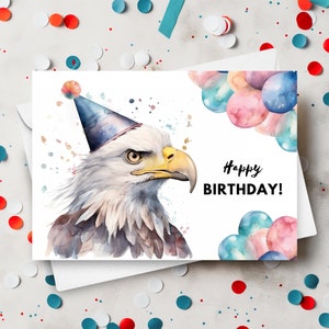 Tarjeta de cumpleaños de águila calva con gorro de fiesta, Feliz cumpleaños, Regalo de águila, Cumpleaños patriótico, Tarjeta de felicitación de animales, Ilustración de arte de acuarela