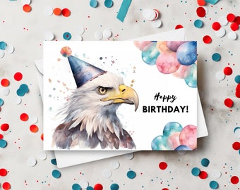 Bald Eagle Birthday Card With Party Hat, Happy Birthday, Eagle Gift, Patriotic Birthday, Animal Greeting Card, Watercolor Art Illustration