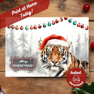 Afdrukbare kerstkaart tijger, instant digitale download print thuis, winter forest jungle dierentuin scène vakantiecadeau, aquarel illustratie