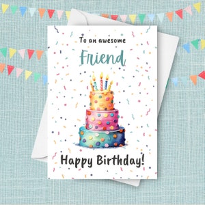 Cartão de aniversário para amigo, cartão de feliz aniversário, feliz aniversário para meu amigo incrível, ilustração de bolo de confete com velas em aquarela