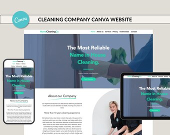 Plantilla de sitio web de Canva para empresa de limpieza, página de destino para negocios de limpieza del hogar, sitio web editable para servicios de limpieza y mantenimiento.