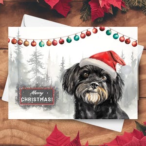 Tarjeta navideña de habanero, feliz Navidad con gorro de Papá Noel en una escena invernal nevada, retrato de perro mascota, regalo navideño, ilustración en acuarela