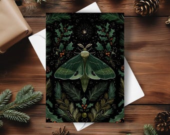 Dark Gothic Moth Holiday Greeting Card, Metaphysical Witchy Pagan Winter Yule Christmas Gift, Enchanting Spell Moonlit Night Greeting Card