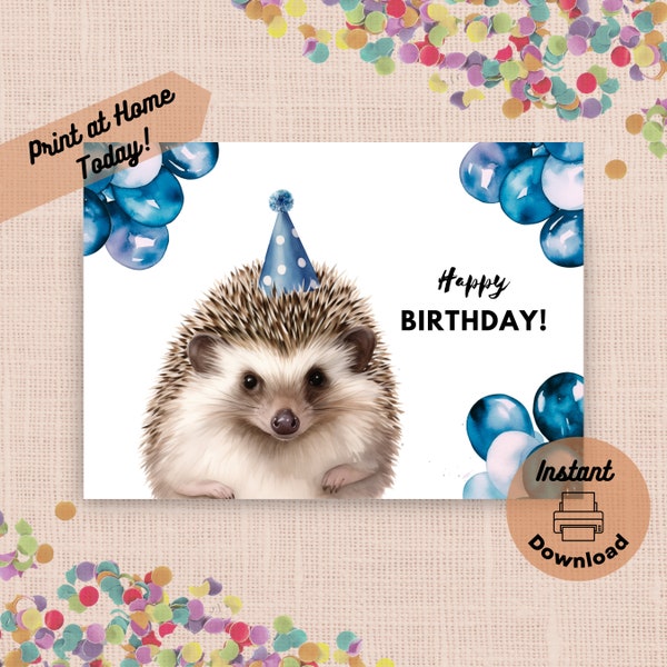 Printable Hedgehog Birthday Card, Instant Download, Print at Home Card, Cute Hedgehog Portrait with Party Hat and Balloons, Wildlife Gift