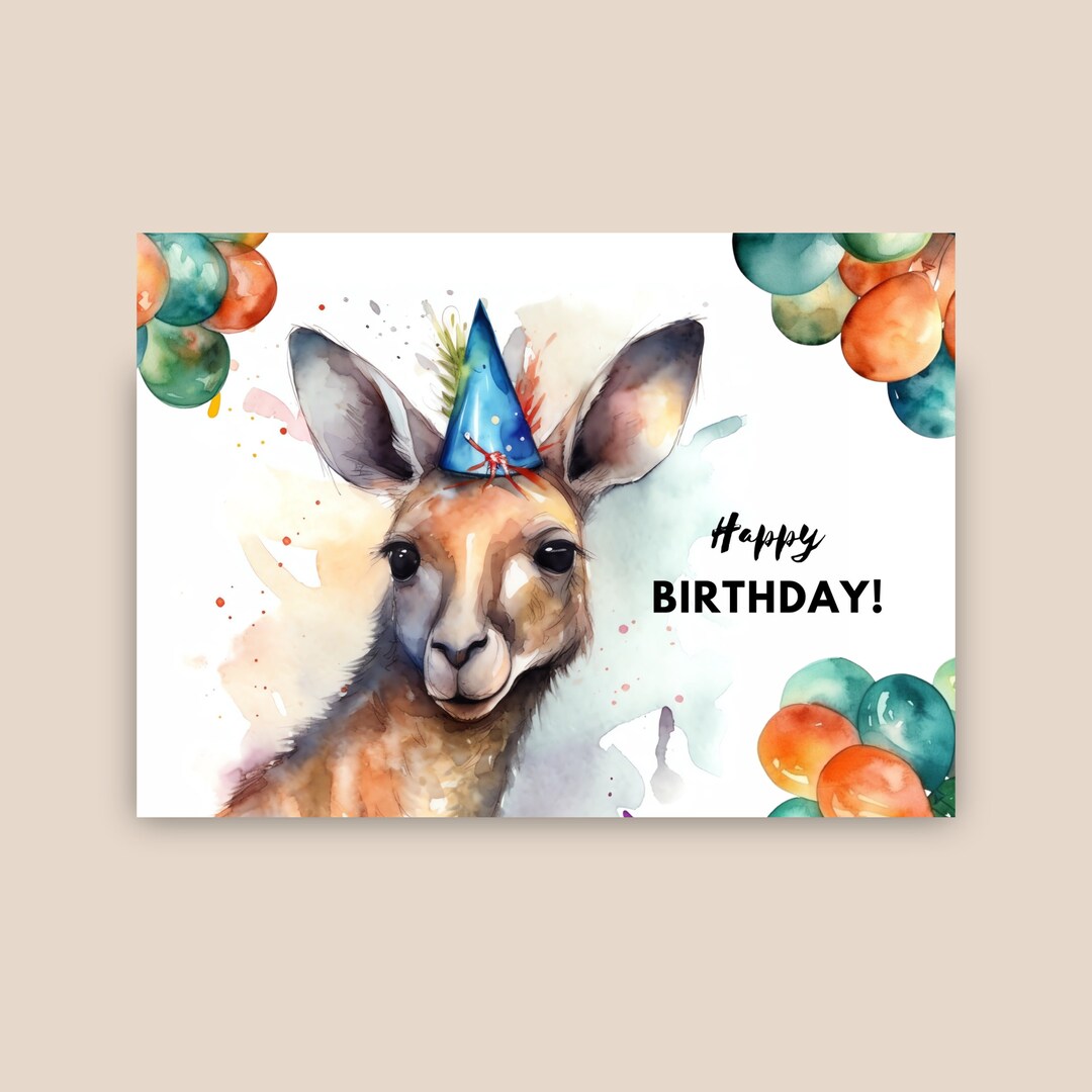 Kangaroo Birthday Card, Party Hat, Happy Birthday, Kangaroo Gift, Cute
