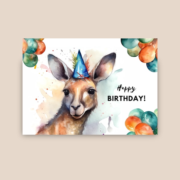 Kangaroo Birthday Card, Party Hat, Happy Birthday, Kangaroo Gift, Cute Animal Birthday, Zoo Greeting Card, Watercolor Illustration