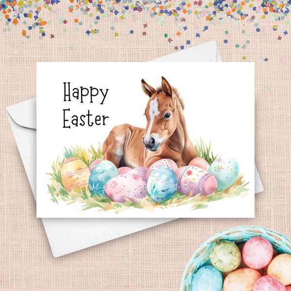 Baby Horse Easter Card, Foal With Pastel Easter Eggs Greeting, Cute Spring Farm Animal Present, Adorable Watercolor Easter Basket Gift