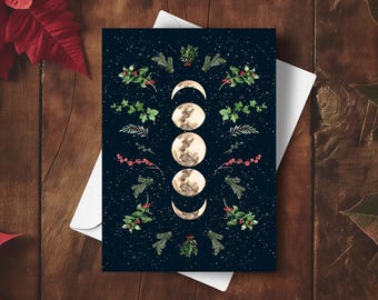 Moon Phases Holiday Card, Celestial Winter Solstice Card Witchy Pagan Yule Christmas Greeting, Metaphysical Starry Night Holly Ivy Gift