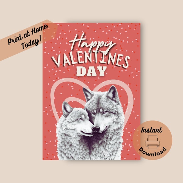 Printable Wolf Valentine Card, Instant Download, Print at Home Card, Wolf Valentines Day Card, Wolves in Love, Watercolor Illustration