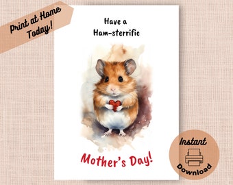 Printable Hamster Mother’s Day Card, Instant Download Print at Home, Hamster Holding a Red Heart Greeting For Mom, Hamsterrific Gift for Mum