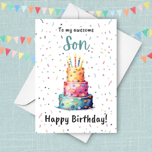 Carte d'anniversaire pour fils, carte de voeux de joyeux anniversaire de la part de la mère ou du père, à mon merveilleux fils joyeux anniversaire, gâteau confettis aquarelle bleu