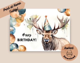 Printable Elk Birthday Card, Instant Download, Print at Home Card, Wapiti Deer Gift, Wildlife Animal Birthday, Watercolor Art Illustration