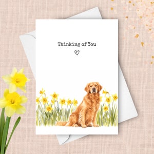 Golden Retriever pensando en tu tarjeta, perro mascota enviando feliz saludo de amor, narcisos amarillos regalo de simpatía, flores acuarela presente