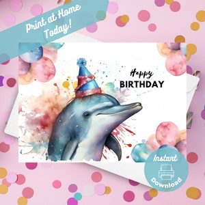 Druckbare Delphin Geburtstagskarte, Sofortiger digitaler Download Print zu Hause Karte, Delphin Geschenk, Aquarium Geburtstag, Sea Life Grußkarte