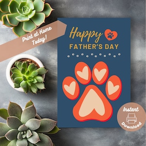 Afdrukbare vaderdagkaart hond, direct downloaden, kaart thuis afdrukken, pootafdruk hond thema Vaderdag, gelukkige Vaderdag van de hond
