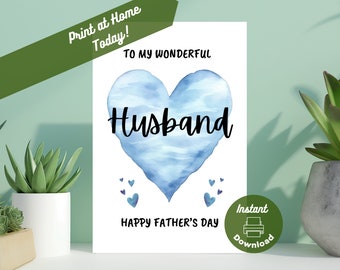 Printable Father’s Day Card for Husband, Instant Download, Print at Home Card, For my Wonderful Husband Happy Father&#39;s Day from Wife