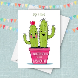 Carte de fiançailles personnalisée cactus, cadeau de félicitations plante amusante, cadeau fiançailles avec noms de couple personnalisés, joli couple heureux et succulent