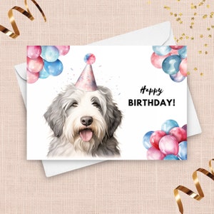 Antigua tarjeta de cumpleaños del perro pastor inglés, sombrero y globos de fiesta de cumpleaños, retrato de perro pastor, regalo de perro mascota, ilustración colorida de la acuarela
