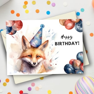 Tarjeta de cumpleaños de zorro con sombrero de fiesta, feliz cumpleaños, regalo de animales del bosque, cumpleaños de animales lindos, saludo de vida silvestre, ilustración de arte en acuarela