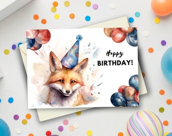Fox Birthday Card With Party Hat, Happy Birthday, Woodland Animal Gift, Cute Animal Birthday, Wildlife Greeting, Watercolor Art Illustration