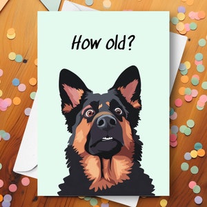 Grappige verjaardagskaart Duitse herder, hoe oud verrast plagen humoristische grapgroet, ouder worden schattige Duitse herdershond cadeau