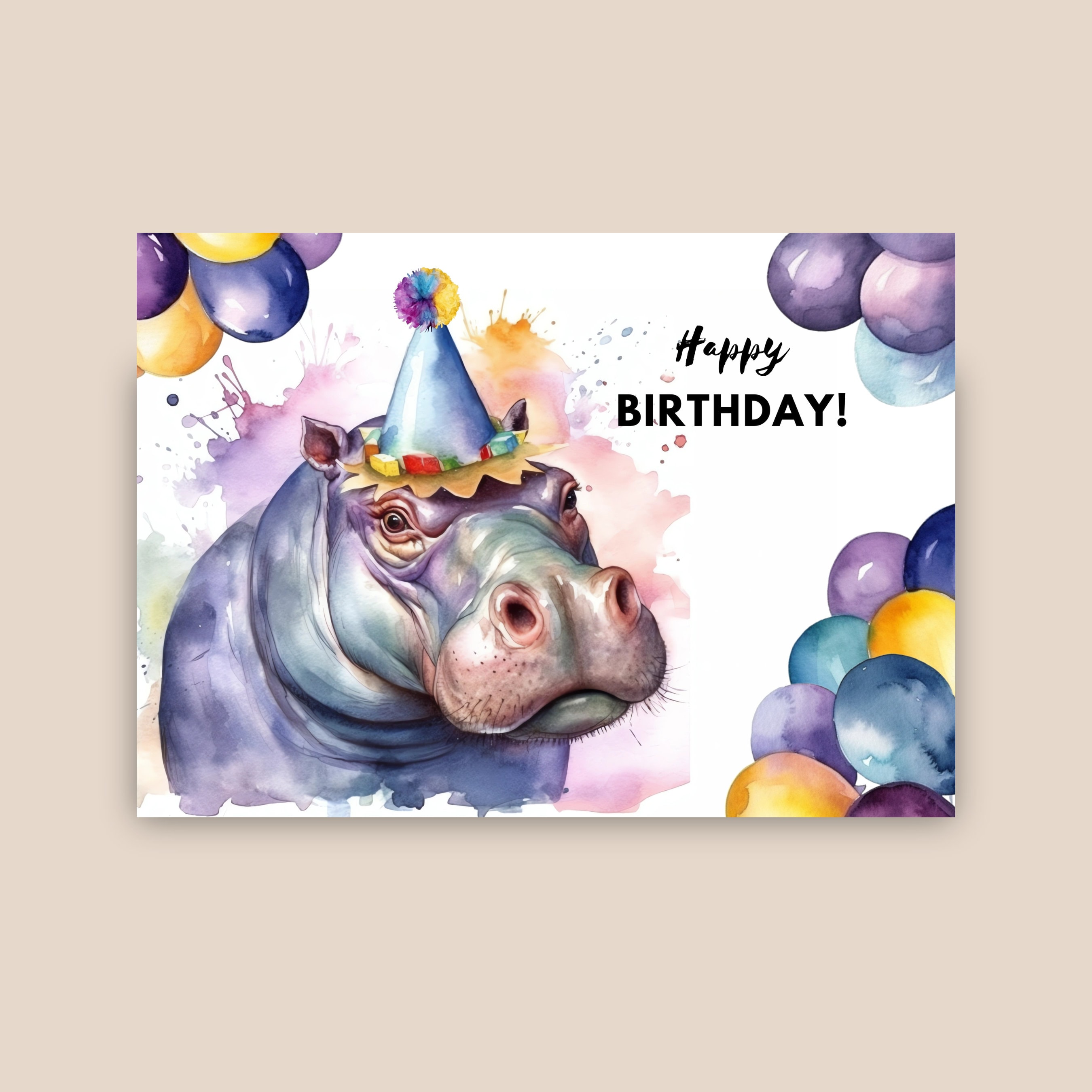 Hippo Birthday Card Party Hat Happy Birthday Hippopotamus - Etsy