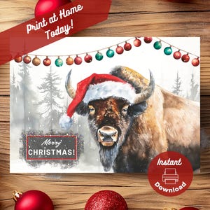 Biglietto di auguri natalizio bisonte stampabile, download digitale istantaneo, stampa a casa, regalo di Natale foresta invernale bufalo americano, illustrazione ad acquerello