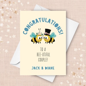 Tarjeta de boda personalizada de abejorro, regalo de felicitación para pareja, nombres personalizados, divertido juego de palabras para celebración de boda o recepción.