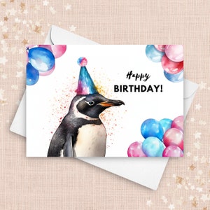 ペンギンの誕生日カード、誕生日パーティーの帽子と風船、水族館の誕生日、フンボルトペンギンの記念カード、カラフルな水彩イラスト