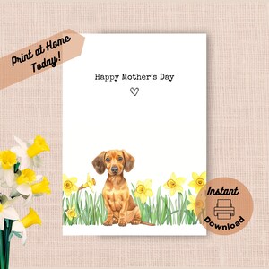Druckbare Dackel Muttertagskarte, Sofortiger Download Druck zu Hause Gelbe Narzissen Geschenk für Mama, Welpe Frühlingsblumen Aquarell Geschenk