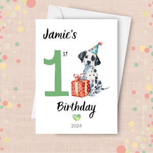 Cartão de primeiro aniversário de dálmata, primeiro aniversário do bebê 2024, presente de primeiro aniversário, cartão de aniversário personalizado de filhote de cachorro dálmata fofo com nome