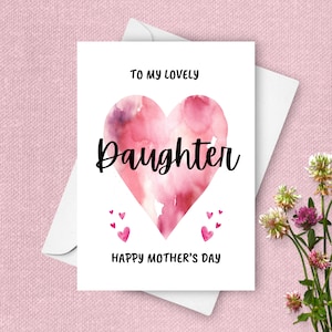 Cartão de Dia das Mães para Filha, Para Minha Adorável Filha Feliz Dia das Mães Saudação, Presente de Coração de Aquarela Rosa, Para Filha Presente de Dia das Mães