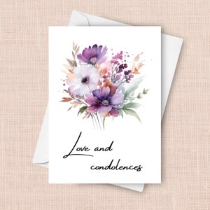 Carte de condoléances, soutien pour le deuil et la perte, aquarelle de fleurs, amour et sympathie