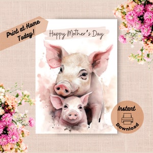 Druckbare Schwein Mutter Tages Karte, Sofort Download Druck zu Hause Mutter Schwein und Baby Gruß für Mama, Aquarell Bauernhof Geschenk für Mama