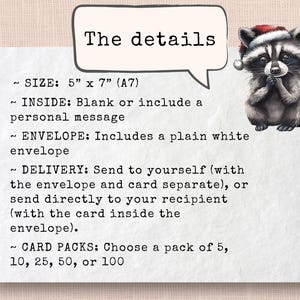May include: A white card with black text detailing the size, inside, envelope, delivery, and card packs. The card is 5 inches by 7 inches and includes a plain white envelope. The text says "The details" in a speech bubble with a cartoon raccoon wearing a Santa hat.