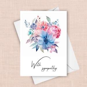 Carte de sympathie, de condoléances avec des fleurs bleues et roses à l'aquarelle