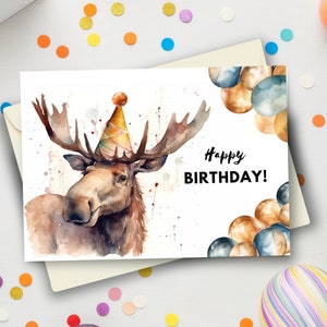 Verjaardagskaart eland met feestmuts, gelukkige verjaardag, elandcadeau, verjaardag bosdier, wenskaart dieren, aquarel kunst illustratie
