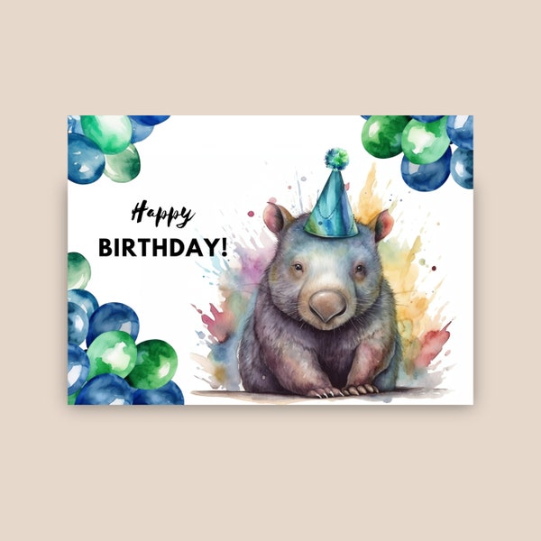 Wombat Birthday Card With Party Hat, Happy Birthday, Colorful Wombat Birthday Card, Zoo Animal Birthday Gift, Watercolor Art Illustration