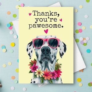 Dalmatiner Lustige Dankeskarte, Haustier Hund Danke Humorvolles Wortspiel Gruß, Benutzerdefinierter Name Personalisiertes Geschenk, glücklicher Hund mit Sonnenbrille vorhanden