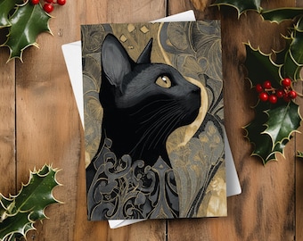 Black Cat Holiday Card, Witchy Dark Academia Yule Greeting, Ornate Gothic Cat Art Nouveau Winter Solstice Gift, Spooky Christmas Kitten