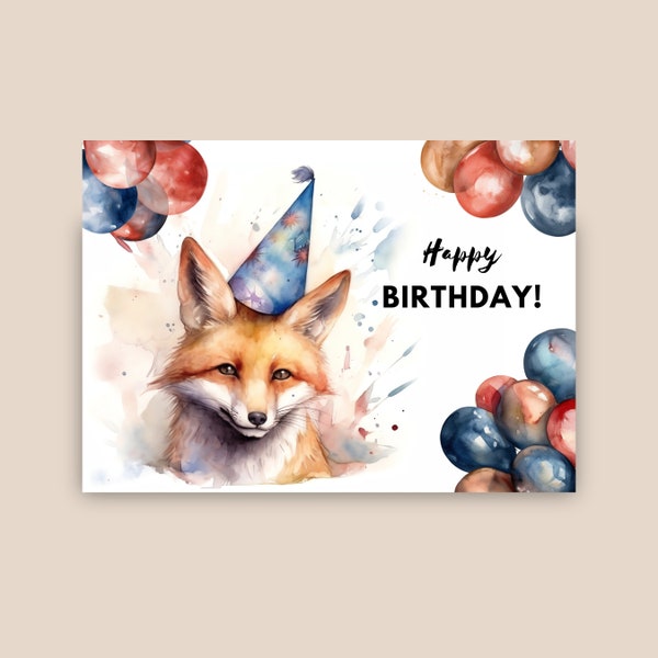 Fox Birthday Card With Party Hat, Happy Birthday, Woodland Animal Gift, Cute Animal Birthday, Wildlife Greeting, Watercolor Art Illustration