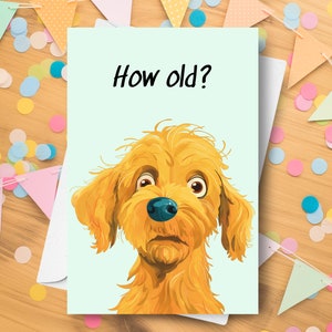 Lustige Golden Doodle Geburtstagskarte, wie alt überrascht neckender humorvoller Witzgruß, immer älter altern niedliches Goldendoodle-Welpen-Hundegeschenk